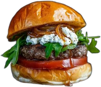 Hamburguesa El Pastor real con queso de cabra y rúcula